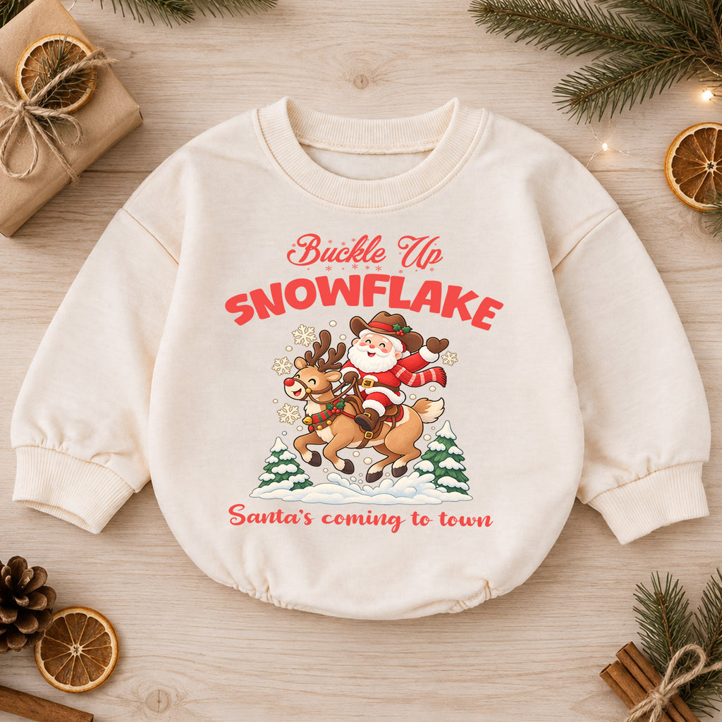 Buckle Up Snowflake Baby Romper, Cowboy Santa Christmas Romper, Western 1st Birthday Holiday Outfit, Reindeer Xmas Gift for Toddler Baby — product view 1