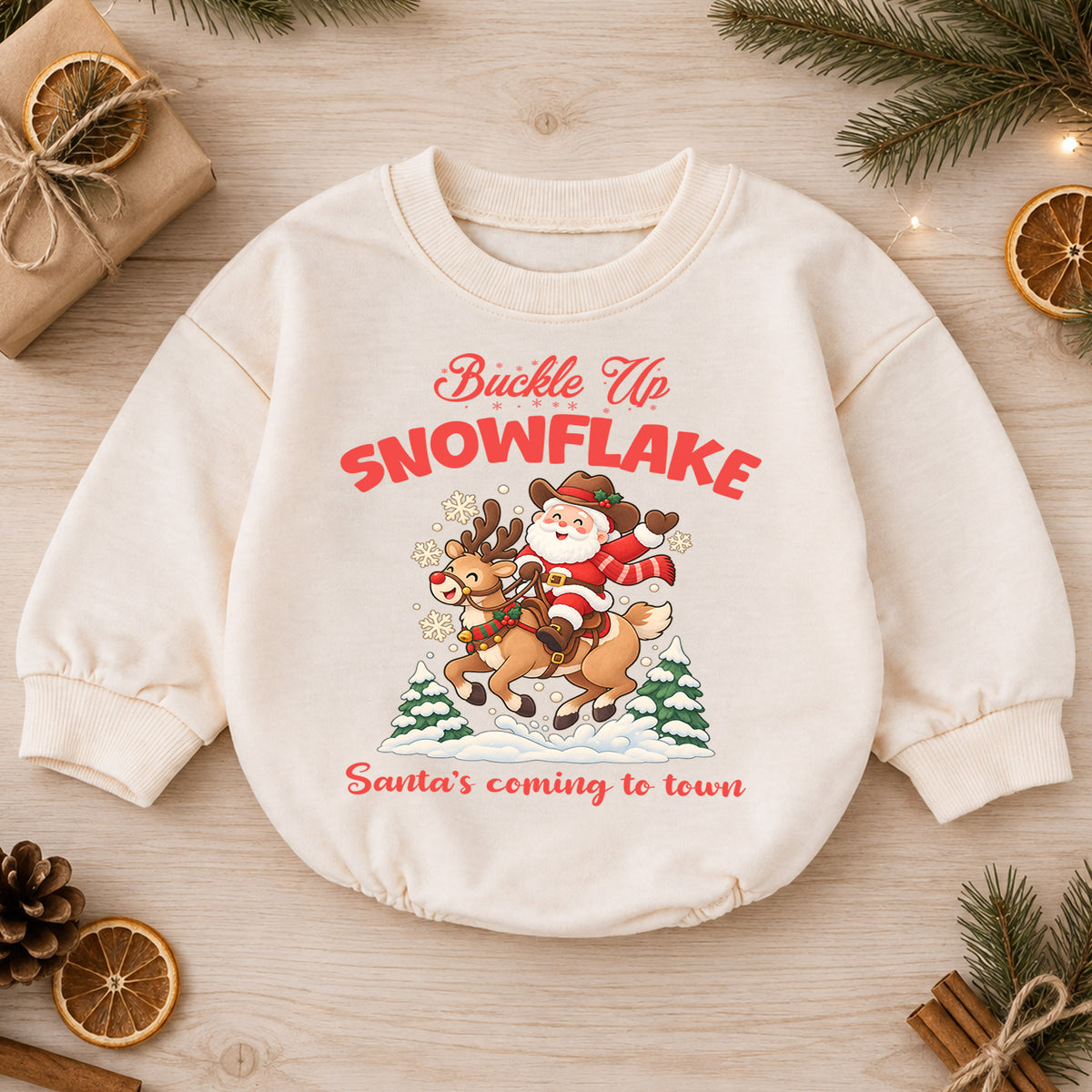 Buckle Up Snowflake Baby Romper, Cowboy Santa Christmas Romper, Western 1st Birthday Holiday Outfit, Reindeer Xmas Gift for Toddler Baby — product view 1
