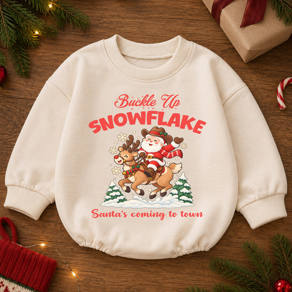Buckle Up Snowflake Baby Romper, Cowboy Santa Christmas Romper, Western 1st Birthday Holiday Outfit, Reindeer Xmas Gift for Toddler Baby — product view 2