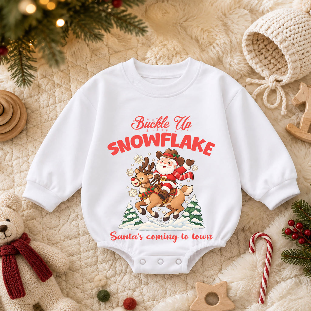 Buckle Up Snowflake Baby Romper, Cowboy Santa Christmas Romper, Western 1st Birthday Holiday Outfit, Reindeer Xmas Gift for Toddler Baby — product view 3
