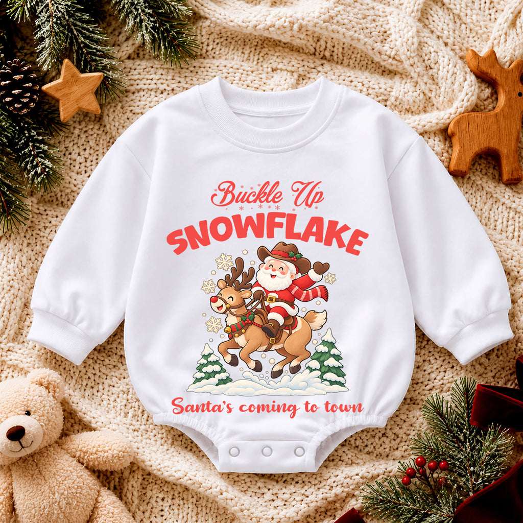 Buckle Up Snowflake Baby Romper, Cowboy Santa Christmas Romper, Western 1st Birthday Holiday Outfit, Reindeer Xmas Gift for Toddler Baby — product view 4