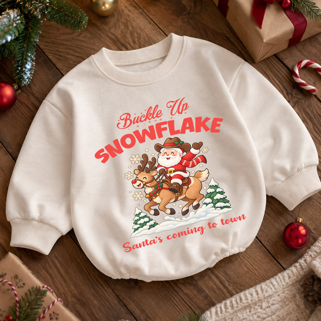 Buckle Up Snowflake Baby Romper, Cowboy Santa Christmas Romper, Western 1st Birthday Holiday Outfit, Reindeer Xmas Gift for Toddler Baby — product view 5