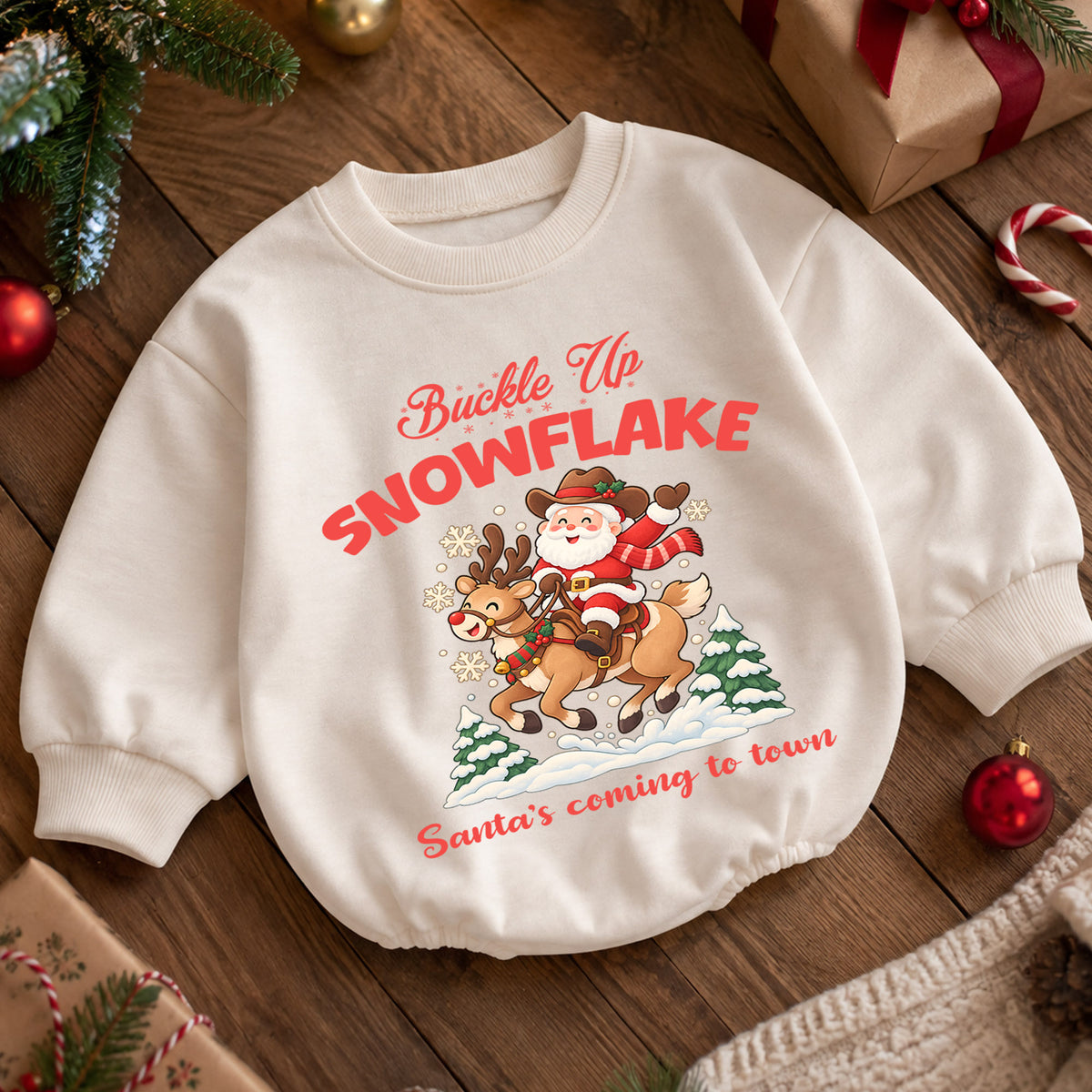Buckle Up Snowflake Baby Romper, Cowboy Santa Christmas Romper, Western 1st Birthday Holiday Outfit, Reindeer Xmas Gift for Toddler Baby — product view 5