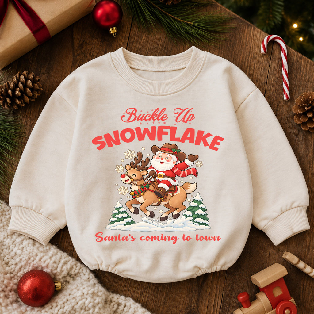 Buckle Up Snowflake Baby Romper, Cowboy Santa Christmas Romper, Western 1st Birthday Holiday Outfit, Reindeer Xmas Gift for Toddler Baby — product view 6