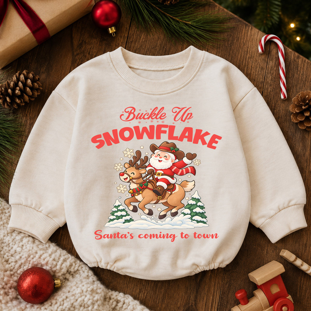 Buckle Up Snowflake Baby Romper, Cowboy Santa Christmas Romper, Western 1st Birthday Holiday Outfit, Reindeer Xmas Gift for Toddler Baby — product view 6