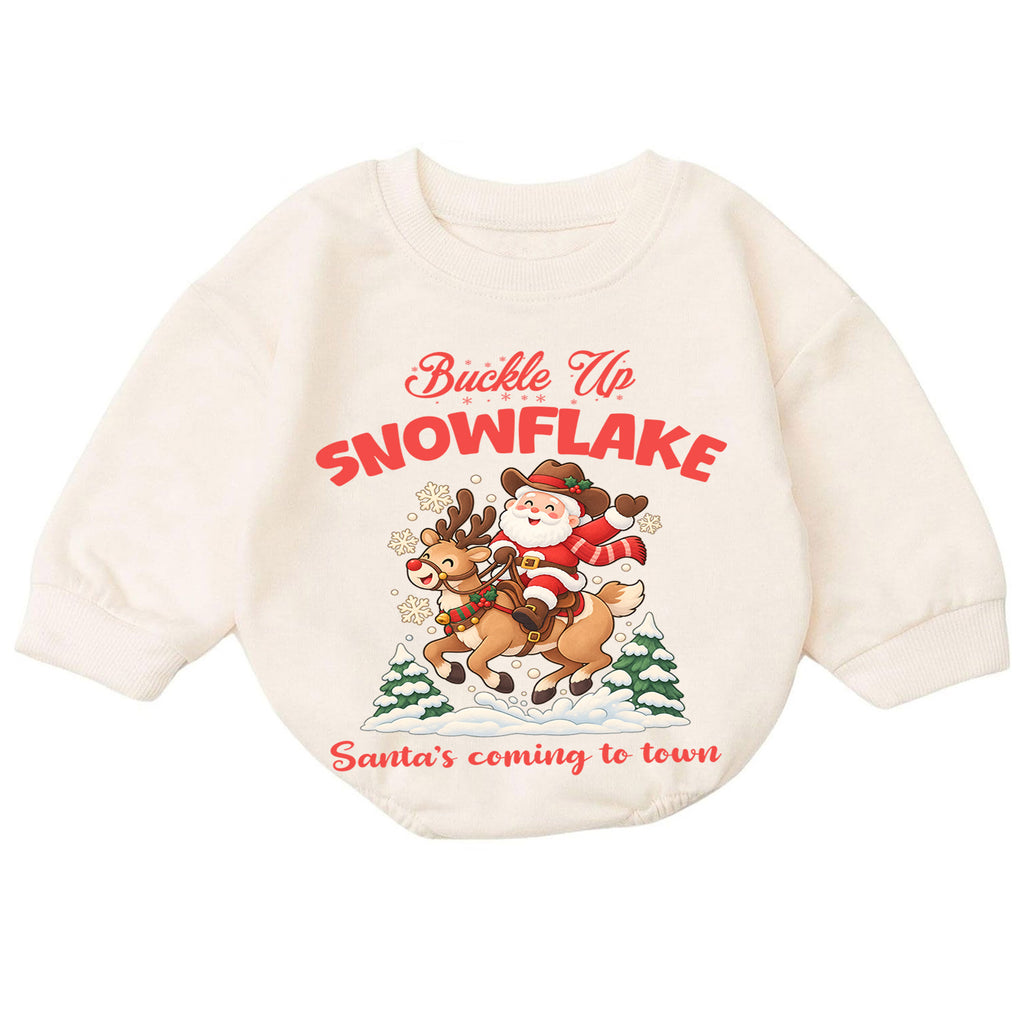 Buckle Up Snowflake Baby Romper, Cowboy Santa Christmas Romper, Western 1st Birthday Holiday Outfit, Reindeer Xmas Gift for Toddler Baby — product view 7
