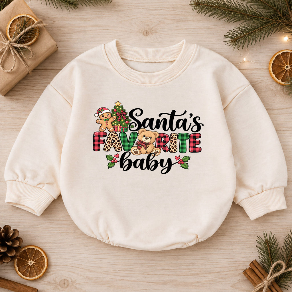 Santa's Favorite Baby Romper, Plaid Christmas Romper, Cute Teddy Bear Holiday Outfit, Baby 1st Christmas & 1st Birthday Gift for Toddler — product view 1
