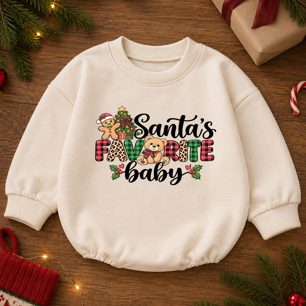 Santa's Favorite Baby Romper, Plaid Christmas Romper, Cute Teddy Bear Holiday Outfit, Baby 1st Christmas & 1st Birthday Gift for Toddler — product view 2