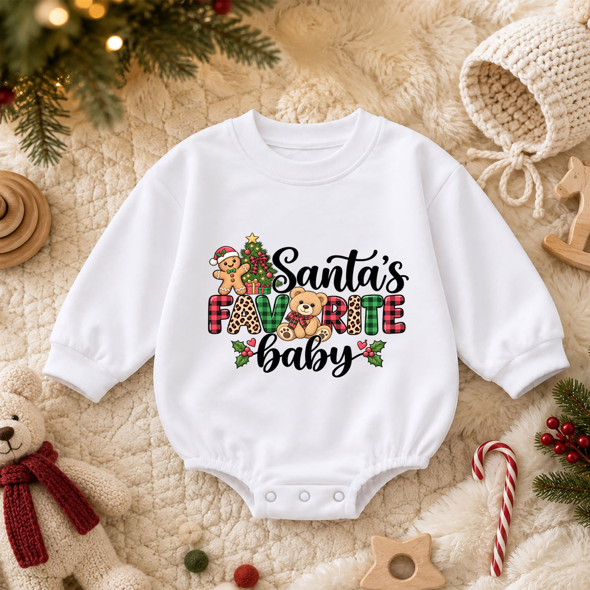 Santa's Favorite Baby Romper, Plaid Christmas Romper, Cute Teddy Bear Holiday Outfit, Baby 1st Christmas & 1st Birthday Gift for Toddler — product view 3