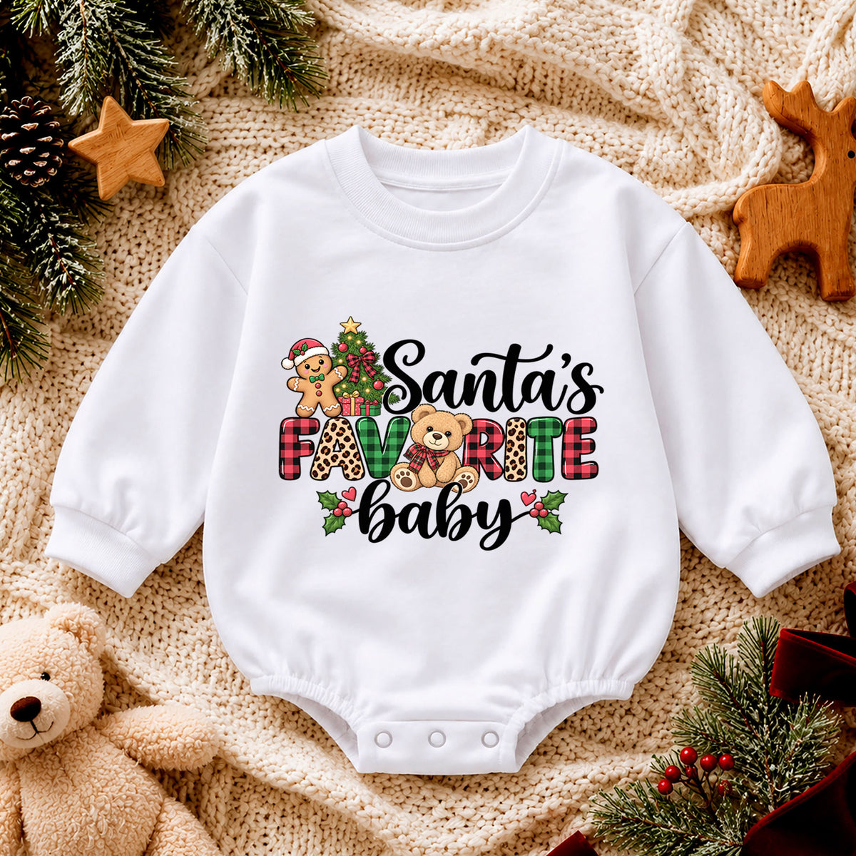 Santa's Favorite Baby Romper, Plaid Christmas Romper, Cute Teddy Bear Holiday Outfit, Baby 1st Christmas & 1st Birthday Gift for Toddler — product view 4
