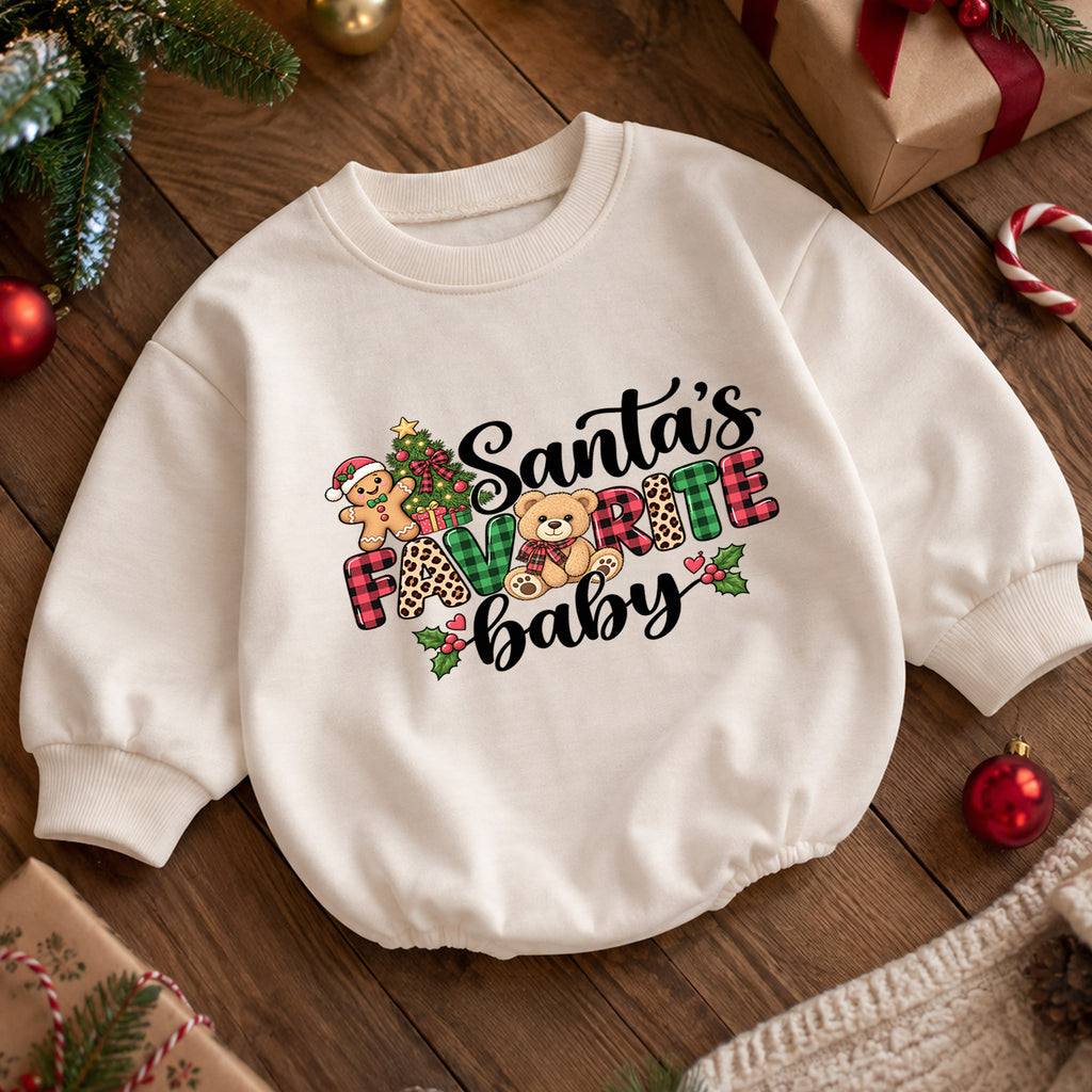 Santa's Favorite Baby Romper, Plaid Christmas Romper, Cute Teddy Bear Holiday Outfit, Baby 1st Christmas & 1st Birthday Gift for Toddler — product view 5