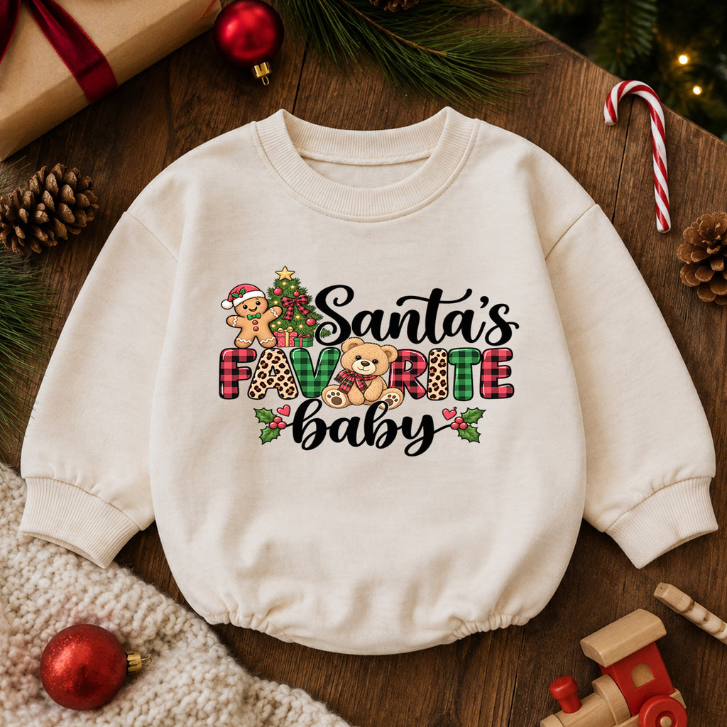 Santa's Favorite Baby Romper, Plaid Christmas Romper, Cute Teddy Bear Holiday Outfit, Baby 1st Christmas & 1st Birthday Gift for Toddler — product view 6