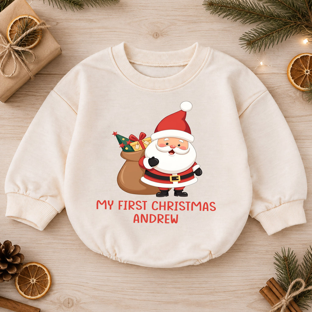 Personalized My First Christmas Baby Romper, Custom Name Santa Holiday Outfit, Cute 1st Christmas Keepsake Gift for Baby — product view 1
