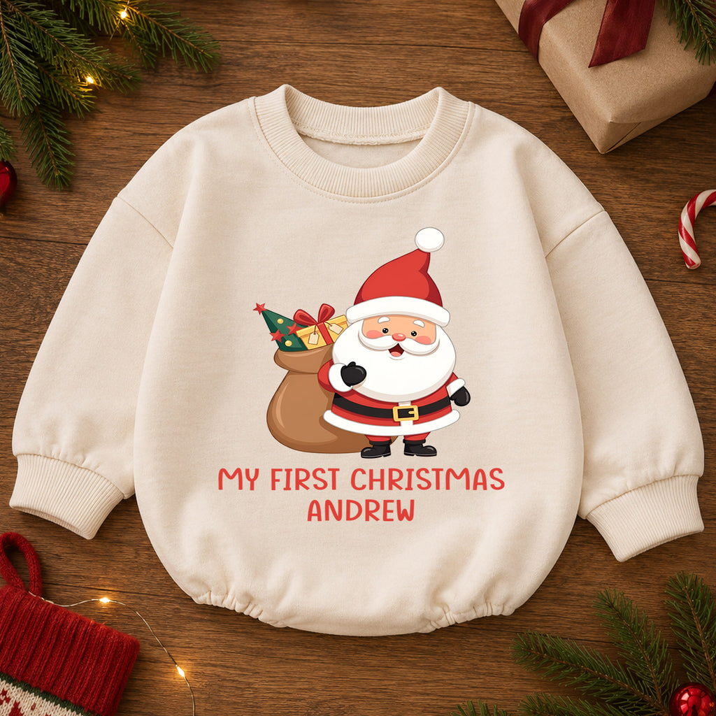 Personalized My First Christmas Baby Romper, Custom Name Santa Holiday Outfit, Cute 1st Christmas Keepsake Gift for Baby — product view 2