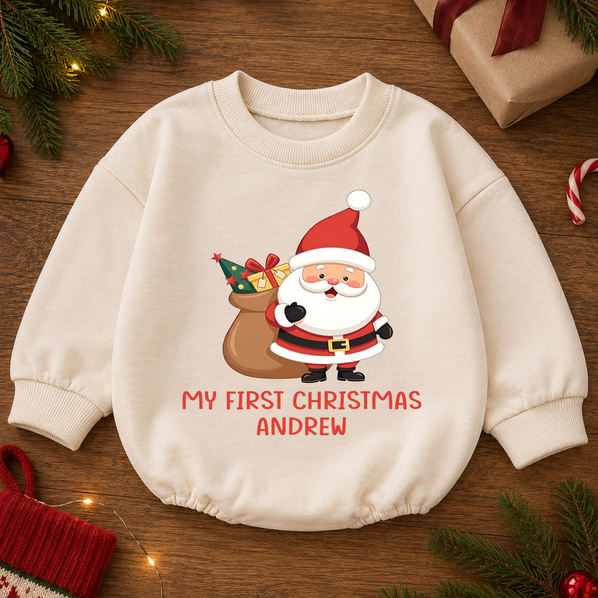 Personalized My First Christmas Baby Romper, Custom Name Santa Holiday Outfit, Cute 1st Christmas Keepsake Gift for Baby — product view 2