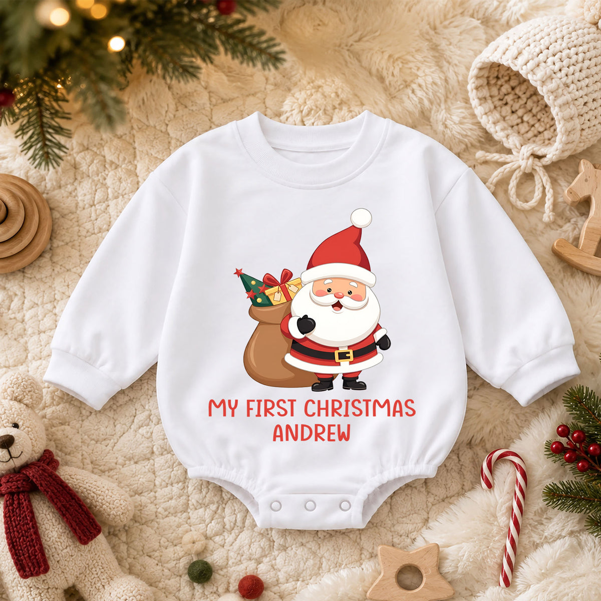 Personalized My First Christmas Baby Romper, Custom Name Santa Holiday Outfit, Cute 1st Christmas Keepsake Gift for Baby — product view 3
