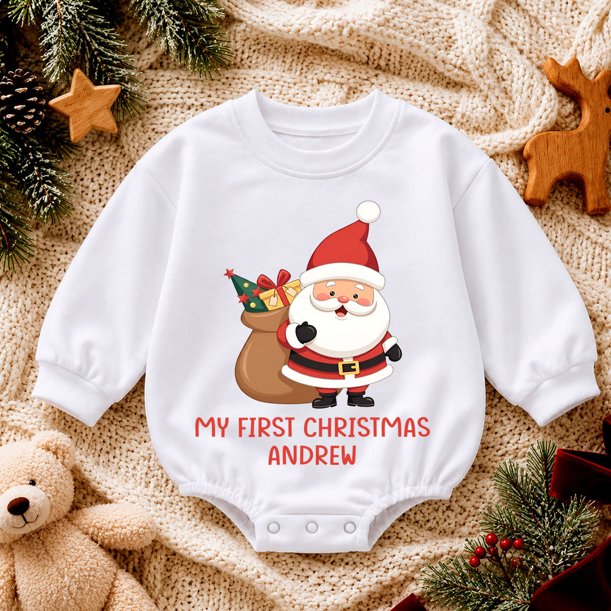 Personalized My First Christmas Baby Romper, Custom Name Santa Holiday Outfit, Cute 1st Christmas Keepsake Gift for Baby — product view 4
