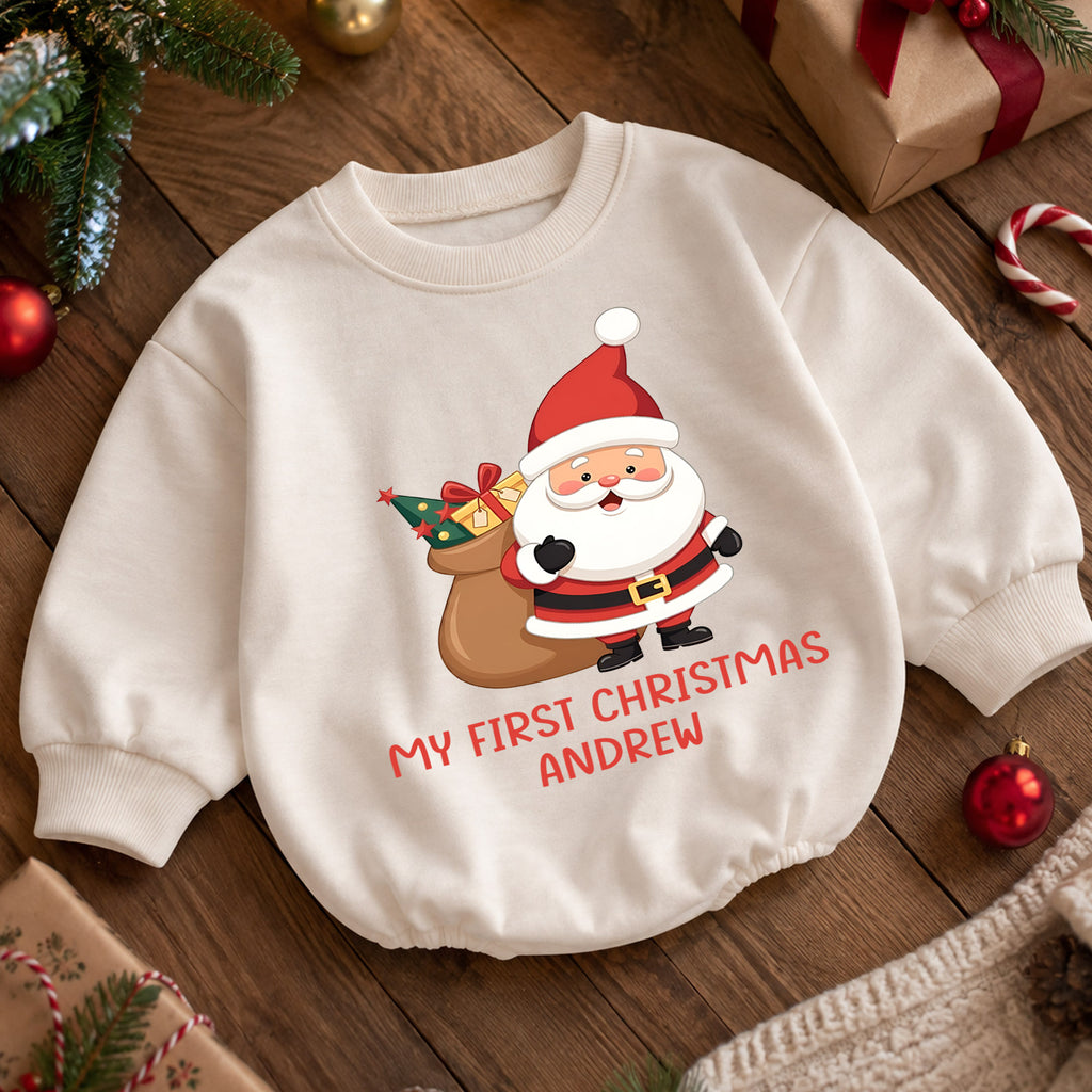 Personalized My First Christmas Baby Romper, Custom Name Santa Holiday Outfit, Cute 1st Christmas Keepsake Gift for Baby — product view 5