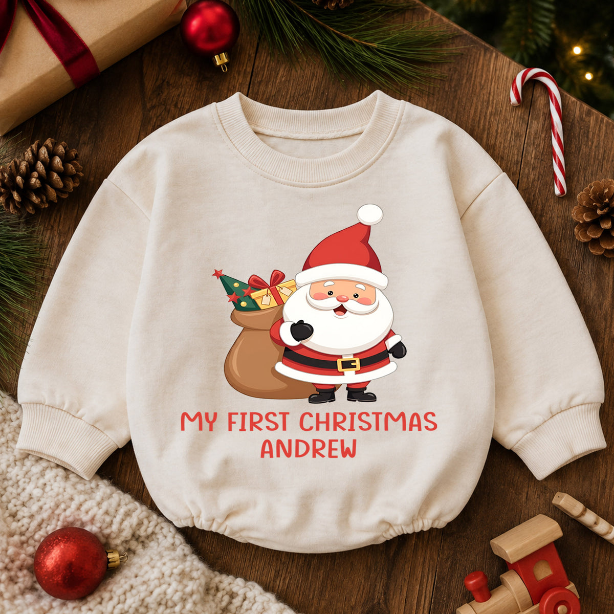 Personalized My First Christmas Baby Romper, Custom Name Santa Holiday Outfit, Cute 1st Christmas Keepsake Gift for Baby — product view 6