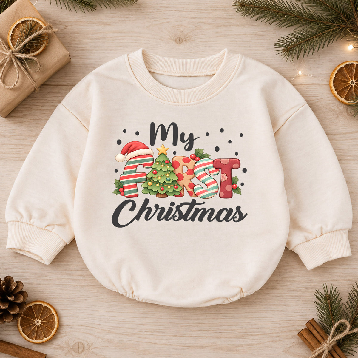 My First Christmas Baby Romper, Festive Letter Christmas Romper, Baby 1st Christmas & 1st Birthday Outfit, Holiday Keepsake Gift — product view 1