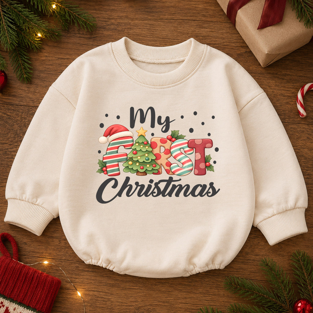 My First Christmas Baby Romper, Festive Letter Christmas Romper, Baby 1st Christmas & 1st Birthday Outfit, Holiday Keepsake Gift — product view 2