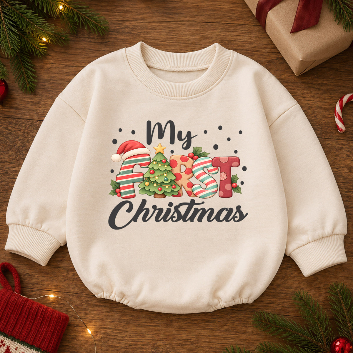 My First Christmas Baby Romper, Festive Letter Christmas Romper, Baby 1st Christmas & 1st Birthday Outfit, Holiday Keepsake Gift — product view 2
