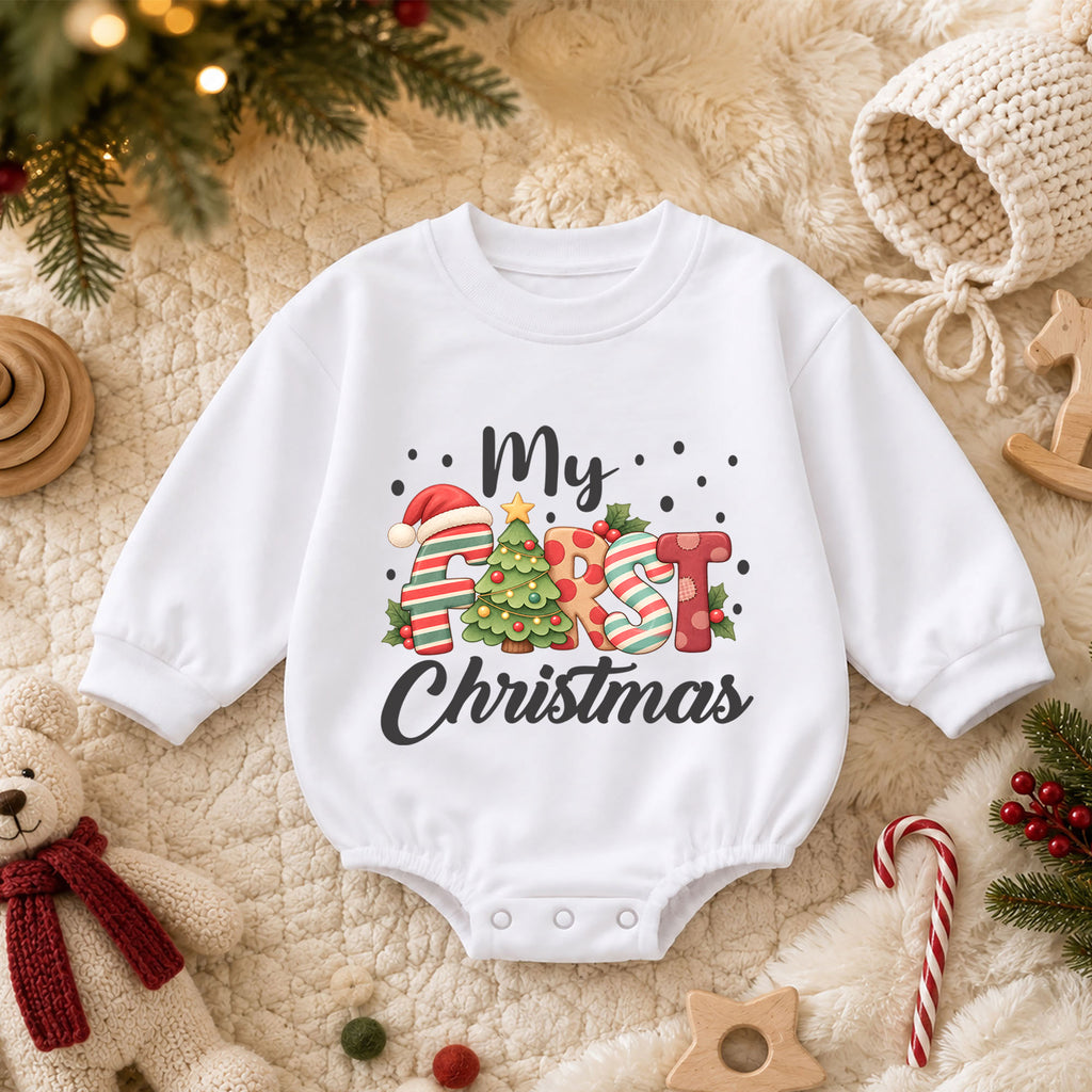 My First Christmas Baby Romper, Festive Letter Christmas Romper, Baby 1st Christmas & 1st Birthday Outfit, Holiday Keepsake Gift — product view 3