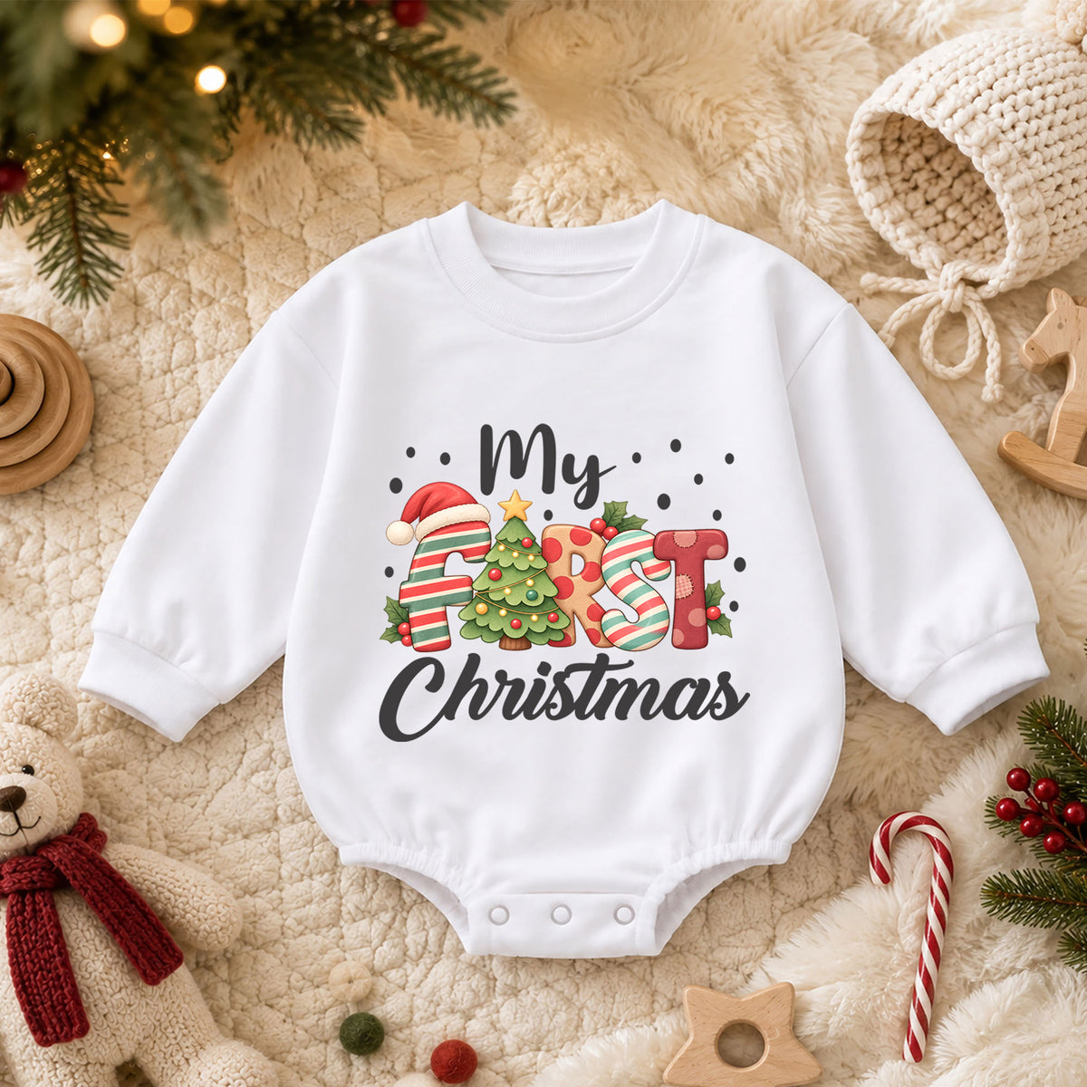 My First Christmas Baby Romper, Festive Letter Christmas Romper, Baby 1st Christmas & 1st Birthday Outfit, Holiday Keepsake Gift — product view 3