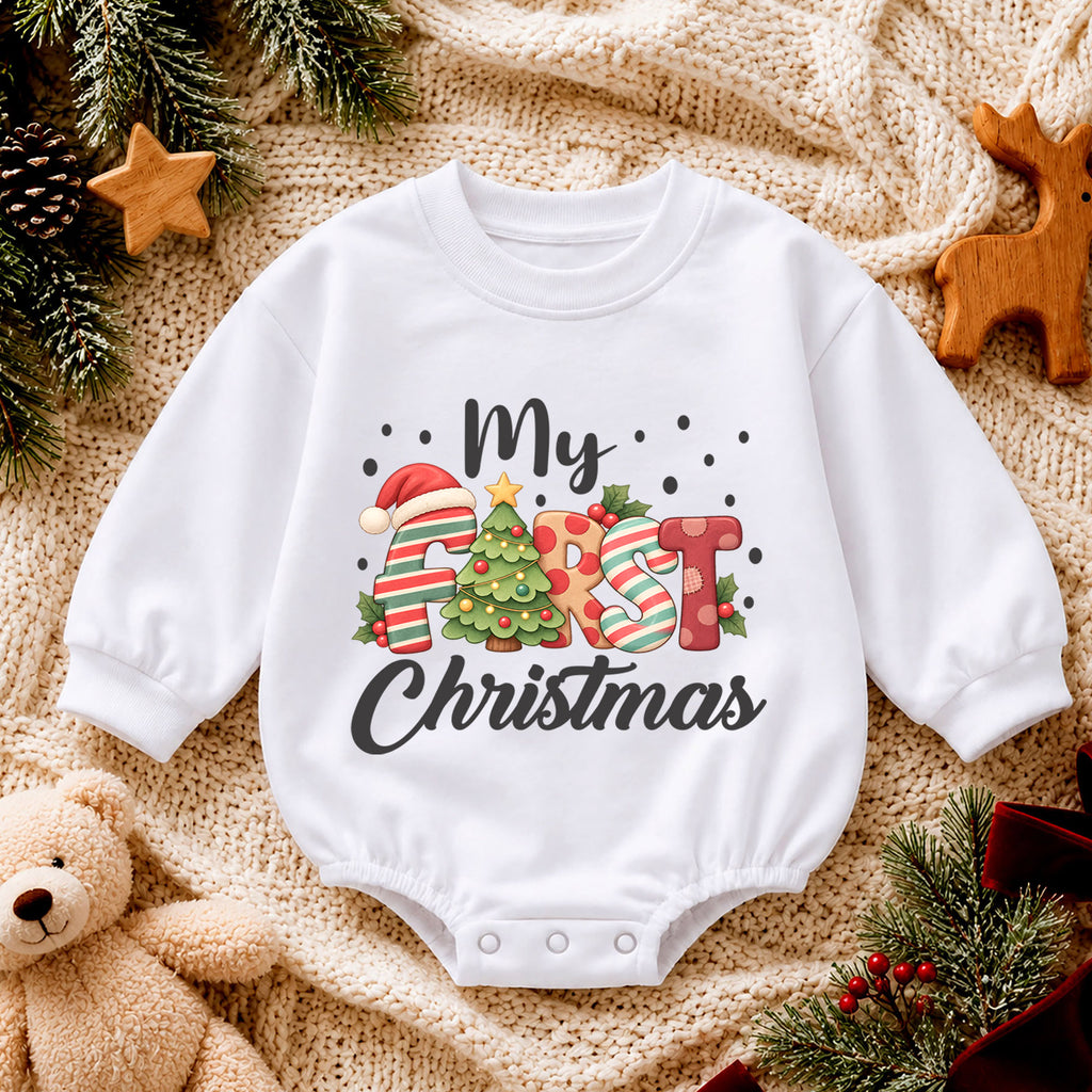My First Christmas Baby Romper, Festive Letter Christmas Romper, Baby 1st Christmas & 1st Birthday Outfit, Holiday Keepsake Gift — product view 4