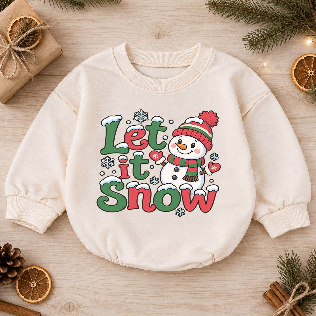 Let It Snow Baby Romper, Snowman Christmas Outfit, Toddler Holiday Romper, Cute Winter Baby Outfit, Christmas Gift for Baby — product view 1