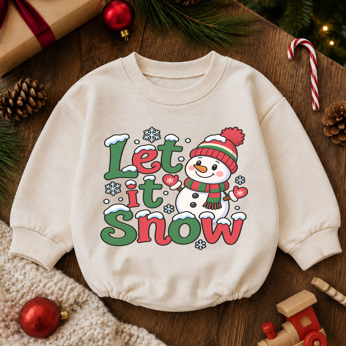 Let It Snow Baby Romper, Snowman Christmas Outfit, Toddler Holiday Romper, Cute Winter Baby Outfit, Christmas Gift for Baby — product view 6
