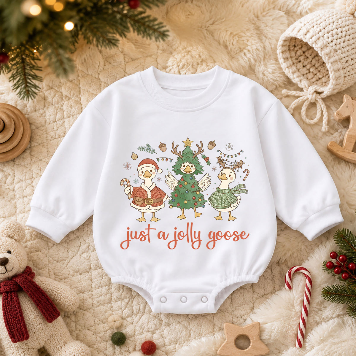 Just a Jolly Goose Baby Romper, Christmas Goose Trio Outfit, Funny Toddler Holiday Romper, Cute 1st Christmas Gift — product view 3