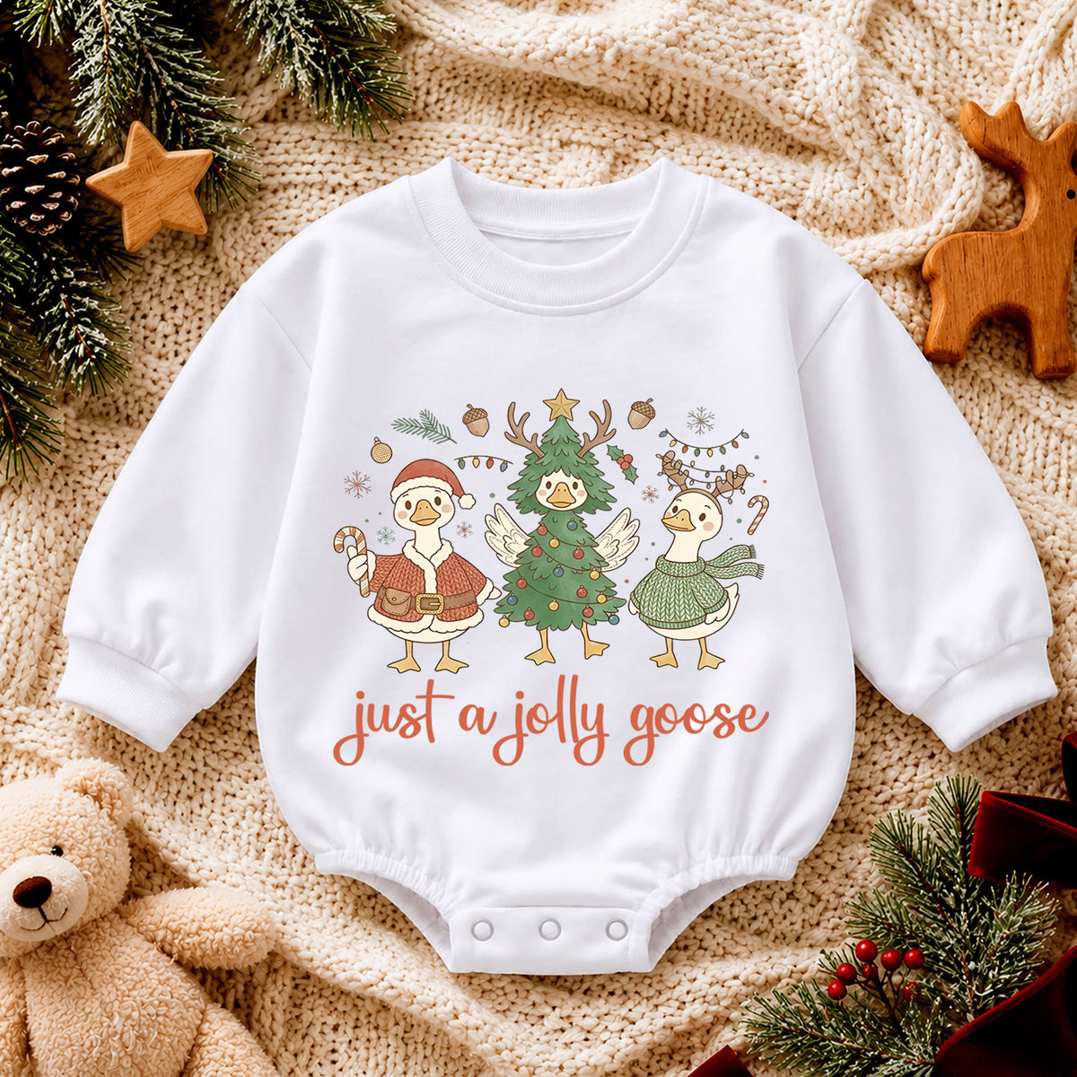 Just a Jolly Goose Baby Romper, Christmas Goose Trio Outfit, Funny Toddler Holiday Romper, Cute 1st Christmas Gift — product view 4