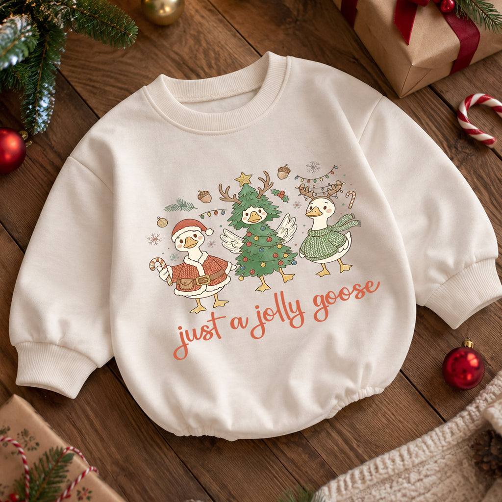 Just a Jolly Goose Baby Romper, Christmas Goose Trio Outfit, Funny Toddler Holiday Romper, Cute 1st Christmas Gift — product view 5