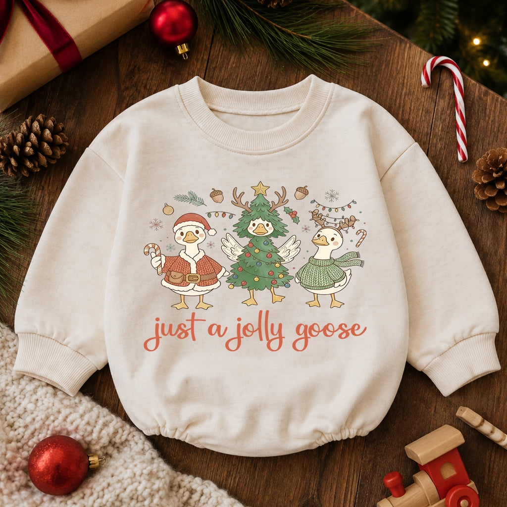 Just a Jolly Goose Baby Romper, Christmas Goose Trio Outfit, Funny Toddler Holiday Romper, Cute 1st Christmas Gift — product view 6