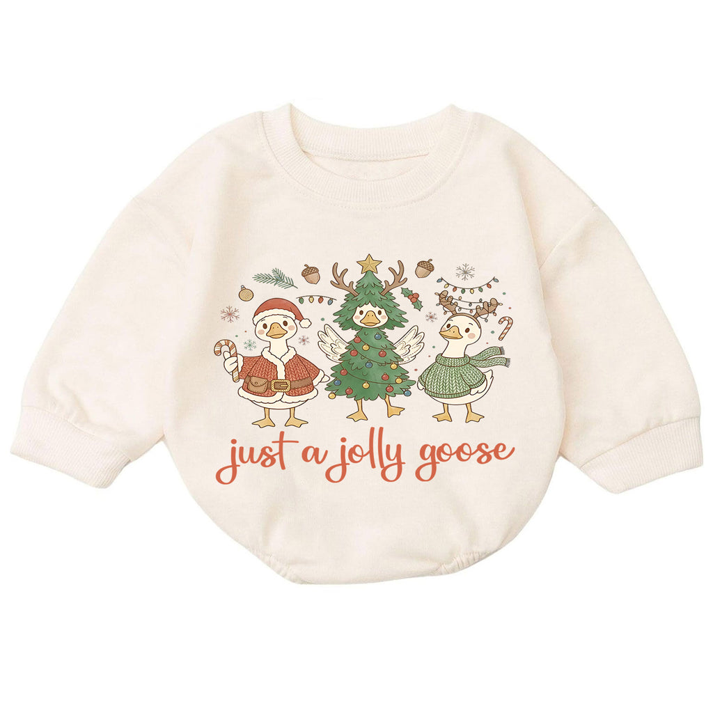 Just a Jolly Goose Baby Romper, Christmas Goose Trio Outfit, Funny Toddler Holiday Romper, Cute 1st Christmas Gift — product view 7