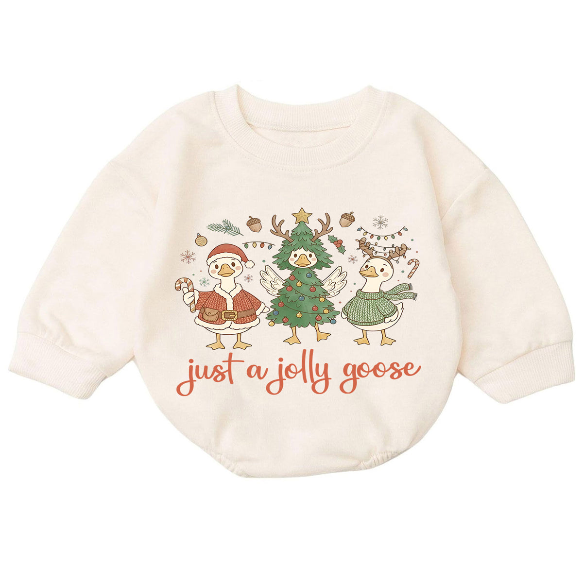 Just a Jolly Goose Baby Romper, Christmas Goose Trio Outfit, Funny Toddler Holiday Romper, Cute 1st Christmas Gift — product view 7