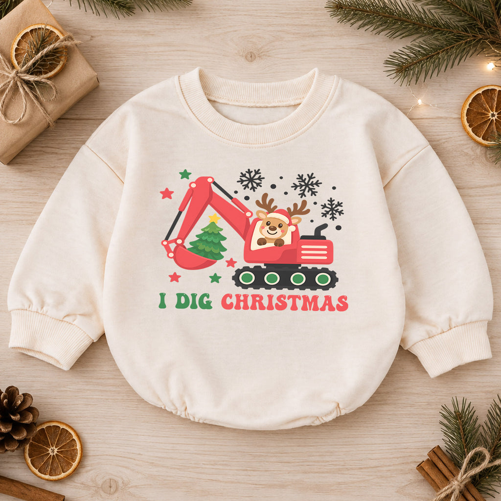 I Dig Christmas Baby Outfit, Excavator Christmas Romper, Construction Toddler Holiday Romper, Baby Xmas Outfit, Christmas Gift — product view 1