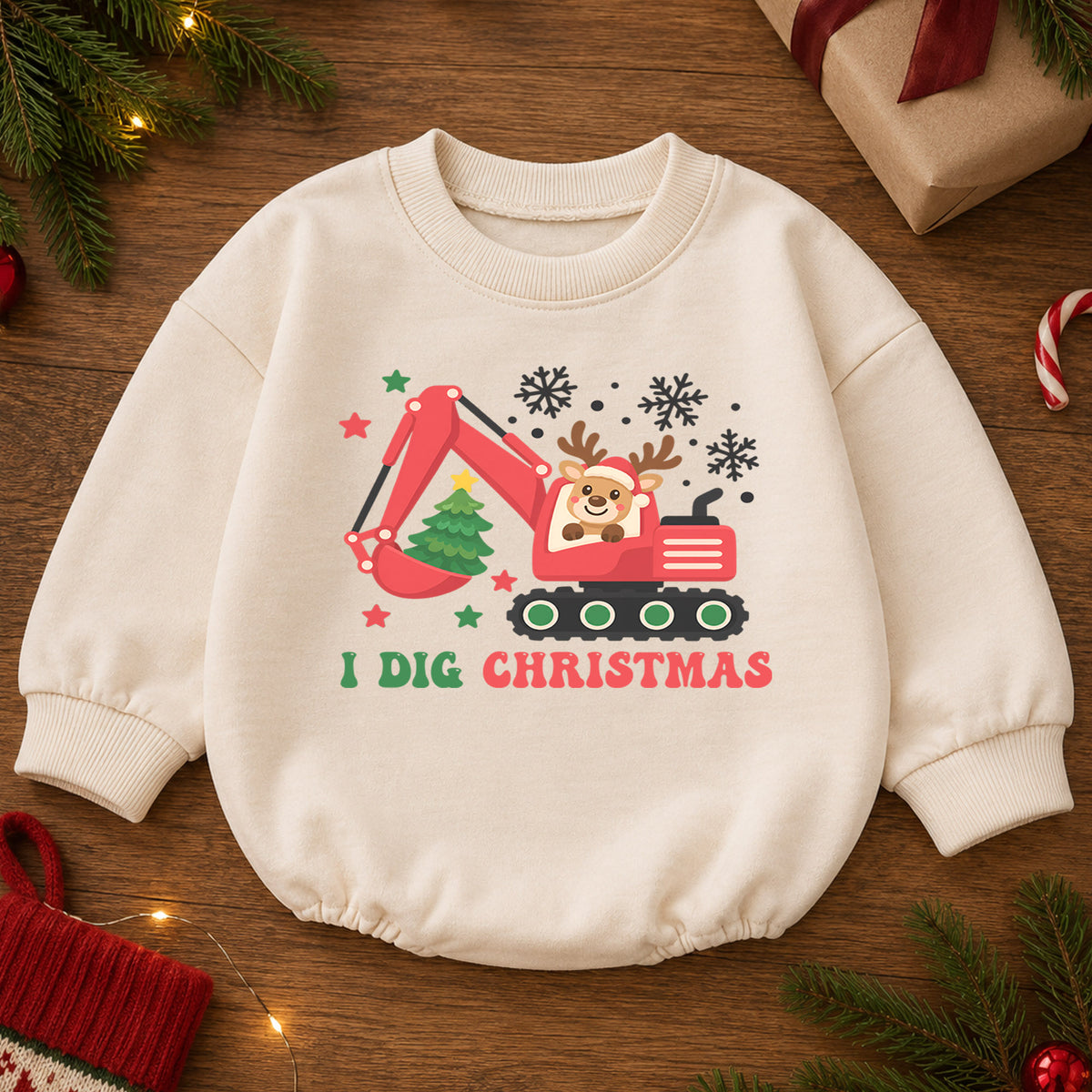 I Dig Christmas Baby Outfit, Excavator Christmas Romper, Construction Toddler Holiday Romper, Baby Xmas Outfit, Christmas Gift — product view 2