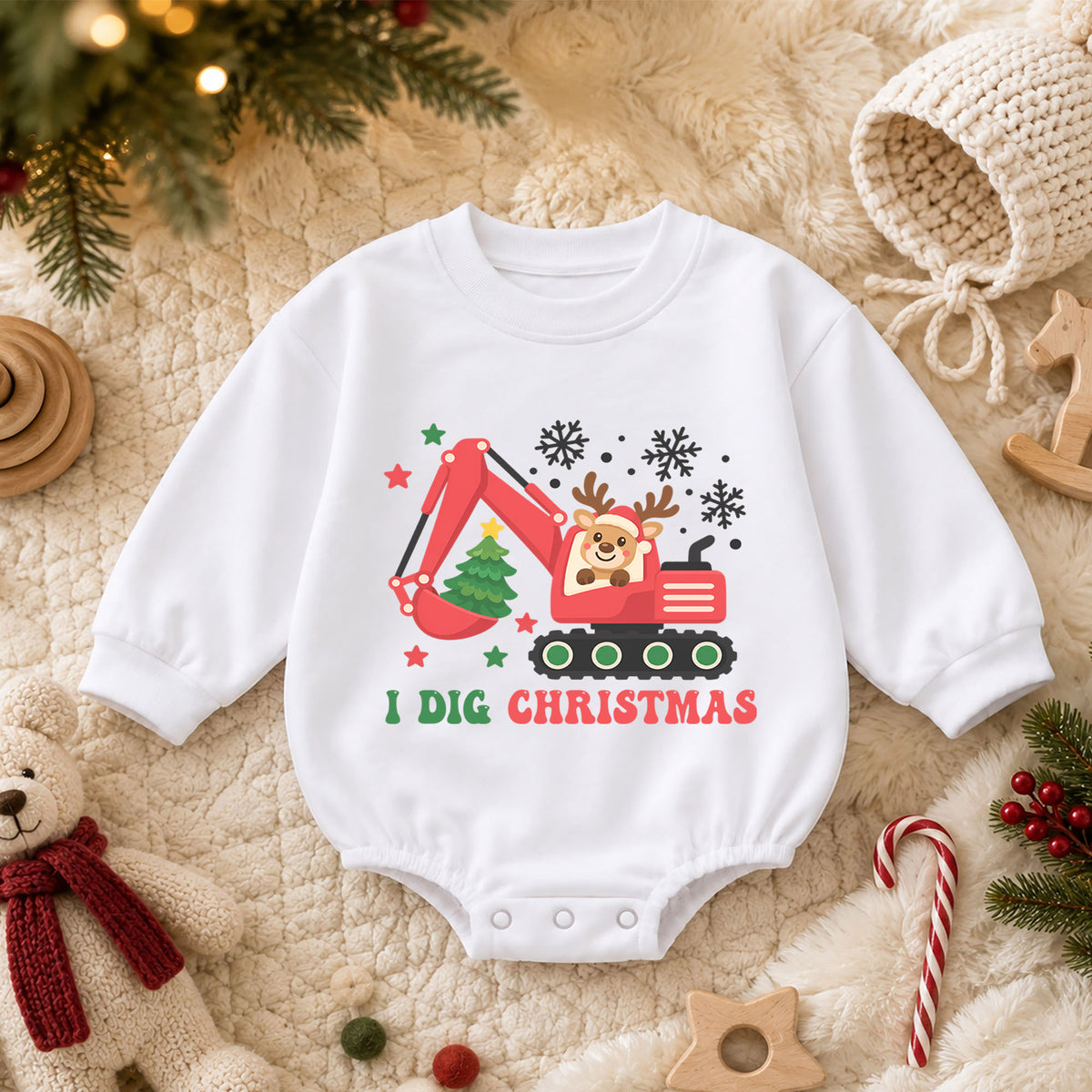 I Dig Christmas Baby Outfit, Excavator Christmas Romper, Construction Toddler Holiday Romper, Baby Xmas Outfit, Christmas Gift — product view 3