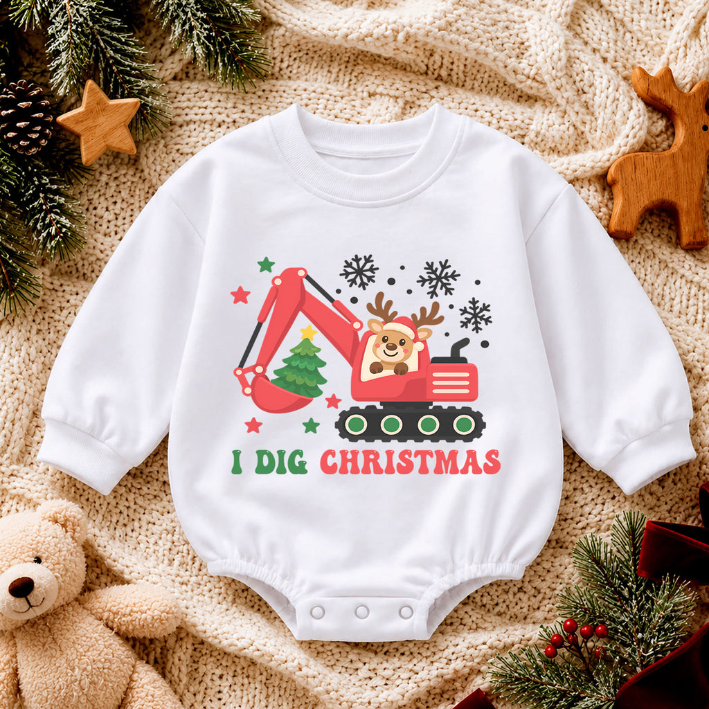 I Dig Christmas Baby Outfit, Excavator Christmas Romper, Construction Toddler Holiday Romper, Baby Xmas Outfit, Christmas Gift — product view 4