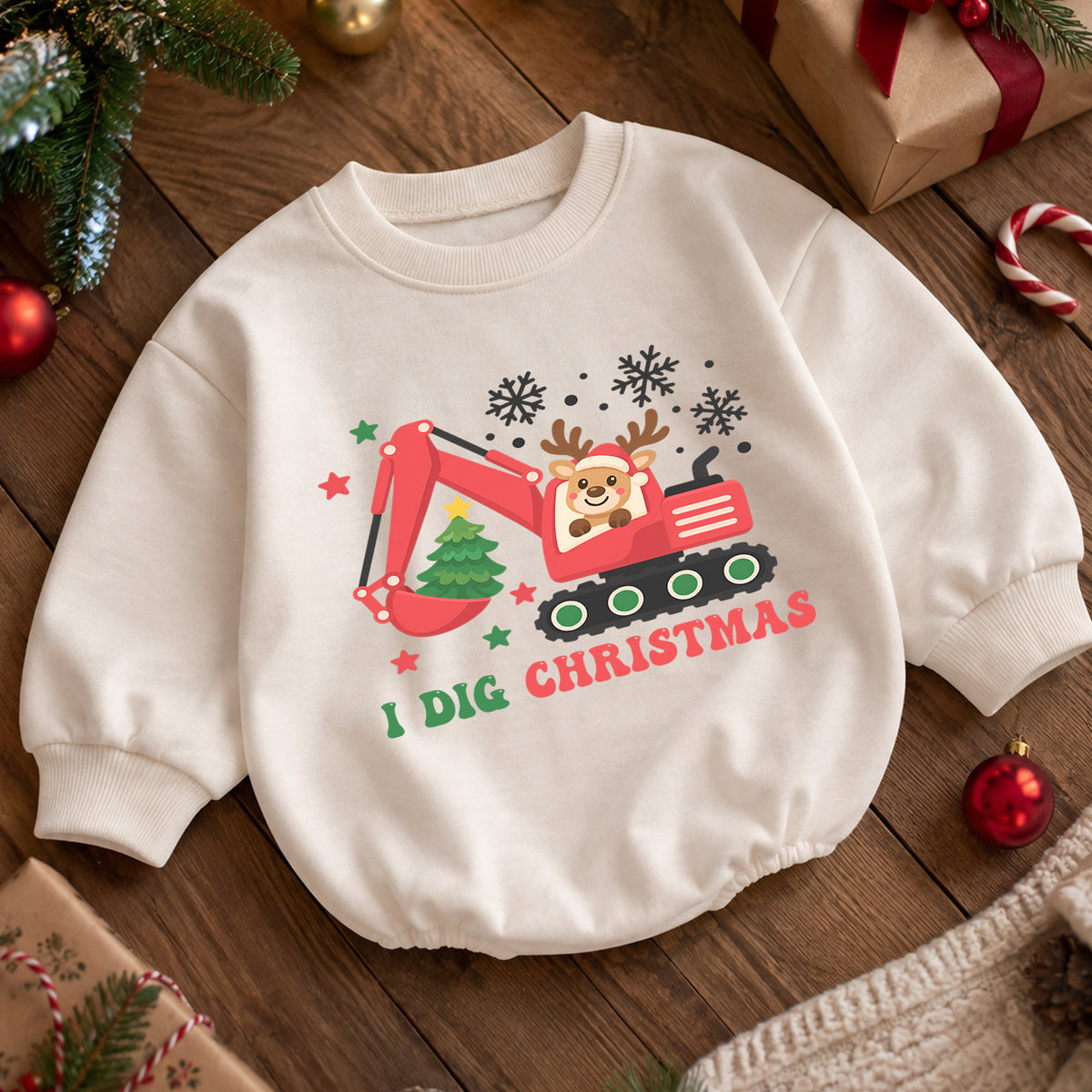 I Dig Christmas Baby Outfit, Excavator Christmas Romper, Construction Toddler Holiday Romper, Baby Xmas Outfit, Christmas Gift — product view 5