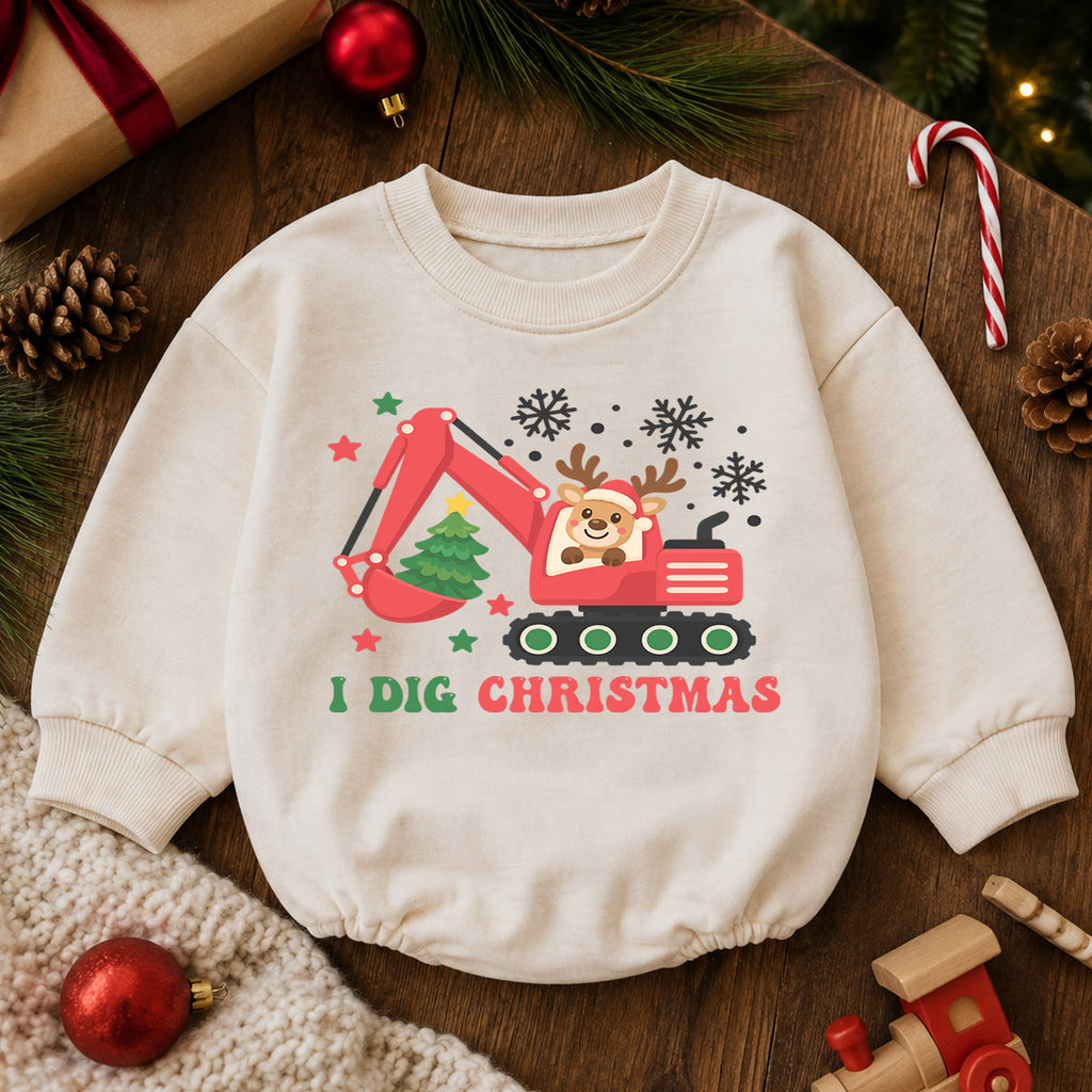 I Dig Christmas Baby Outfit, Excavator Christmas Romper, Construction Toddler Holiday Romper, Baby Xmas Outfit, Christmas Gift — product view 6