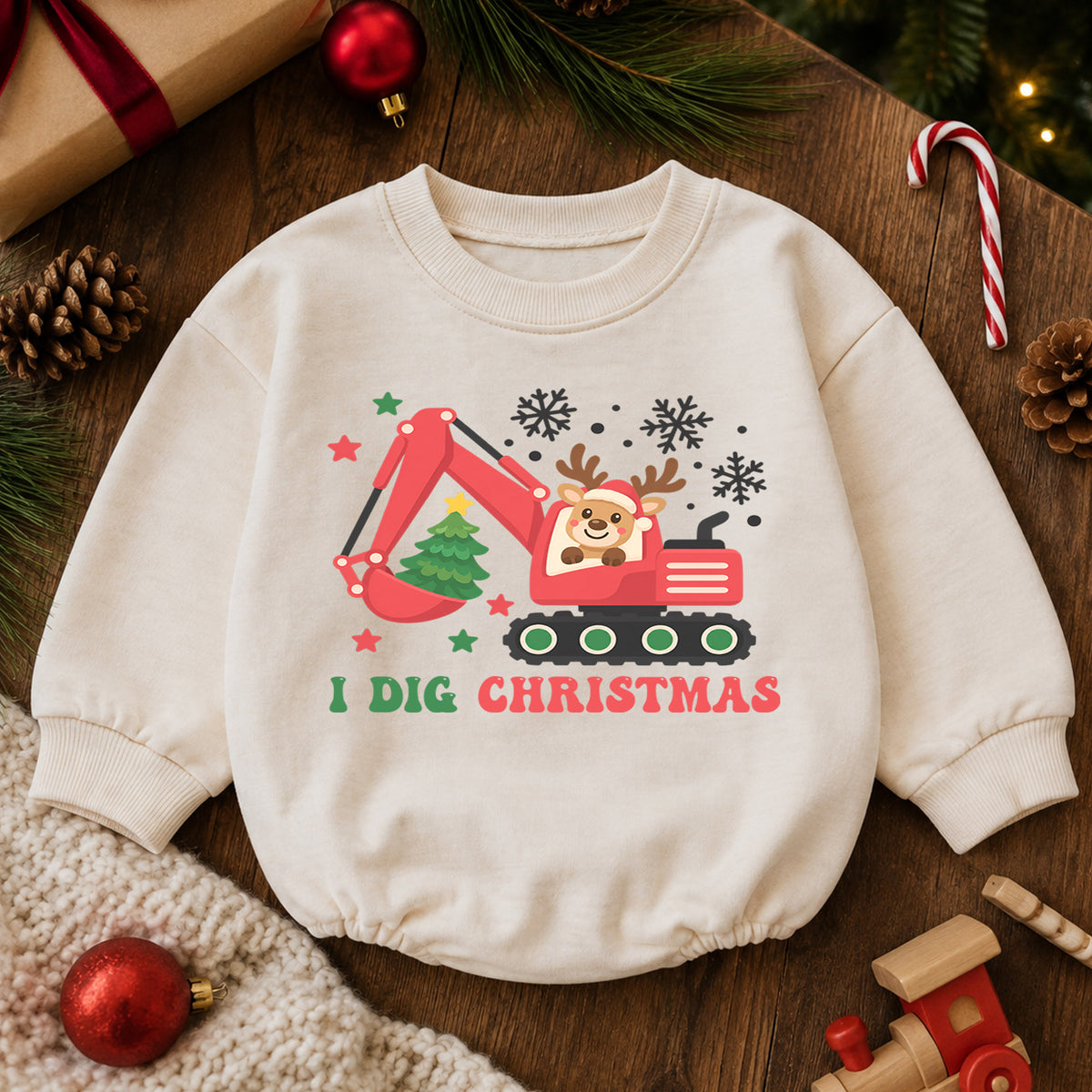 I Dig Christmas Baby Outfit, Excavator Christmas Romper, Construction Toddler Holiday Romper, Baby Xmas Outfit, Christmas Gift — product view 6
