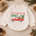 Christmas First Birthday Baby Romper, It's Fun To Be One Outfit, Santa Truck 1st Birthday Romper, Holiday Gift for Toddler — product view 1