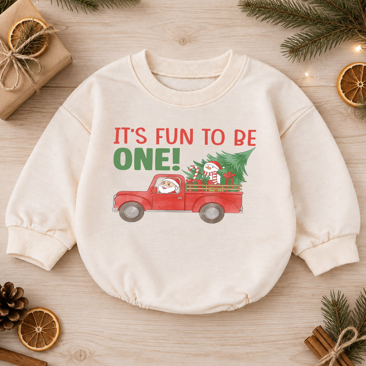 Christmas First Birthday Baby Romper, It's Fun To Be One Outfit, Santa Truck 1st Birthday Romper, Holiday Gift for Toddler — product view 1