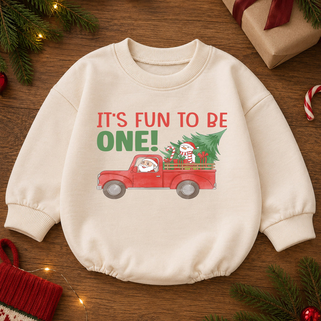 Christmas First Birthday Baby Romper, It's Fun To Be One Outfit, Santa Truck 1st Birthday Romper, Holiday Gift for Toddler — product view 2