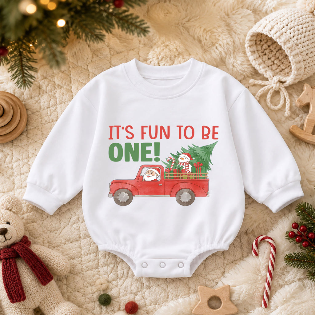 Christmas First Birthday Baby Romper, It's Fun To Be One Outfit, Santa Truck 1st Birthday Romper, Holiday Gift for Toddler — product view 3