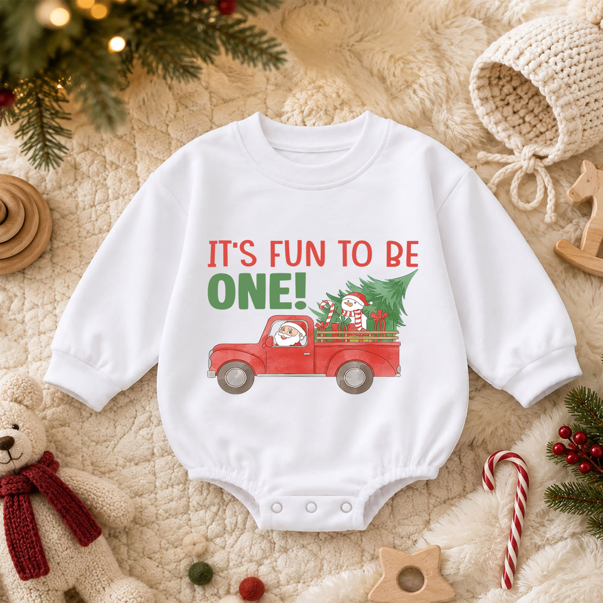Christmas First Birthday Baby Romper, It's Fun To Be One Outfit, Santa Truck 1st Birthday Romper, Holiday Gift for Toddler — product view 3