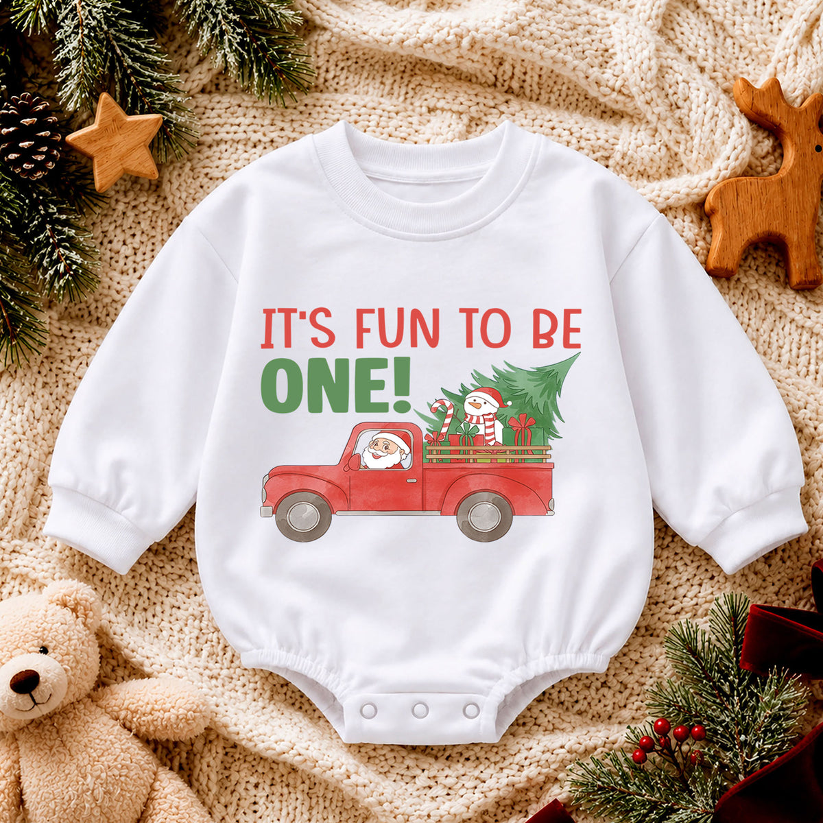 Christmas First Birthday Baby Romper, It's Fun To Be One Outfit, Santa Truck 1st Birthday Romper, Holiday Gift for Toddler — product view 4
